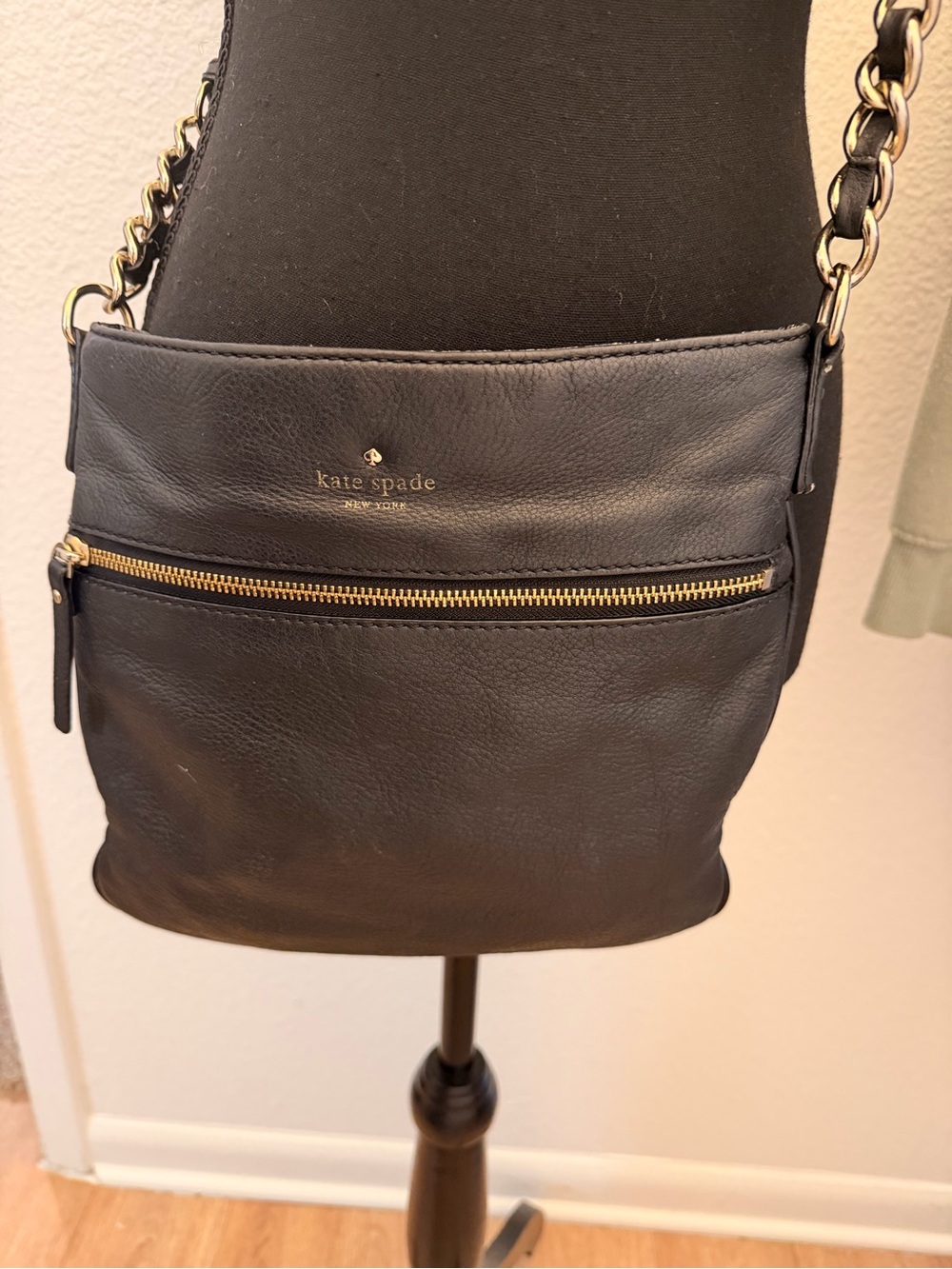 kate spade Black Leather Crossbody with Gold Chain Strap